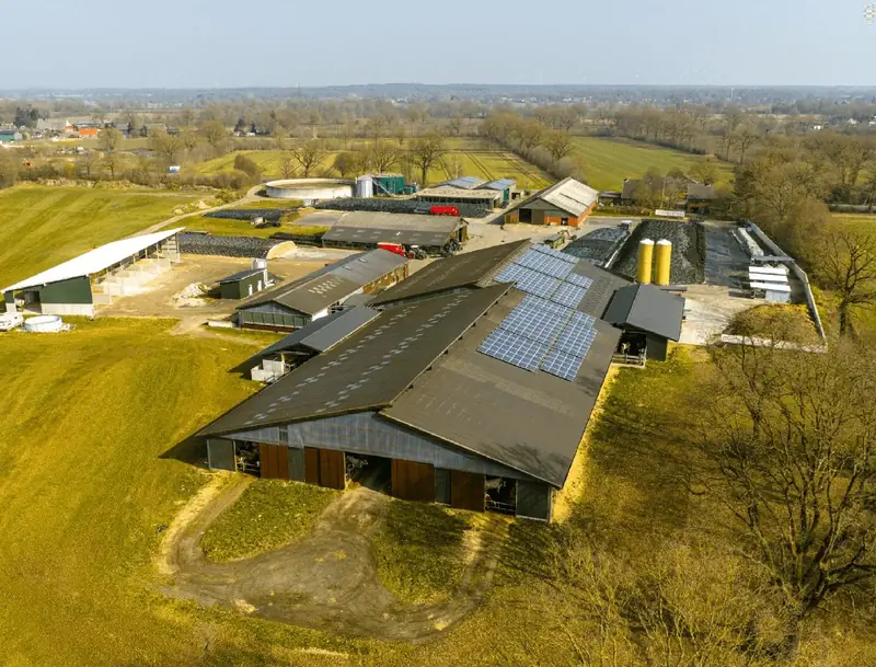 Luftaufnahme vom Hof mit Solarmodulen auf dem Stalldach und Futtersilos